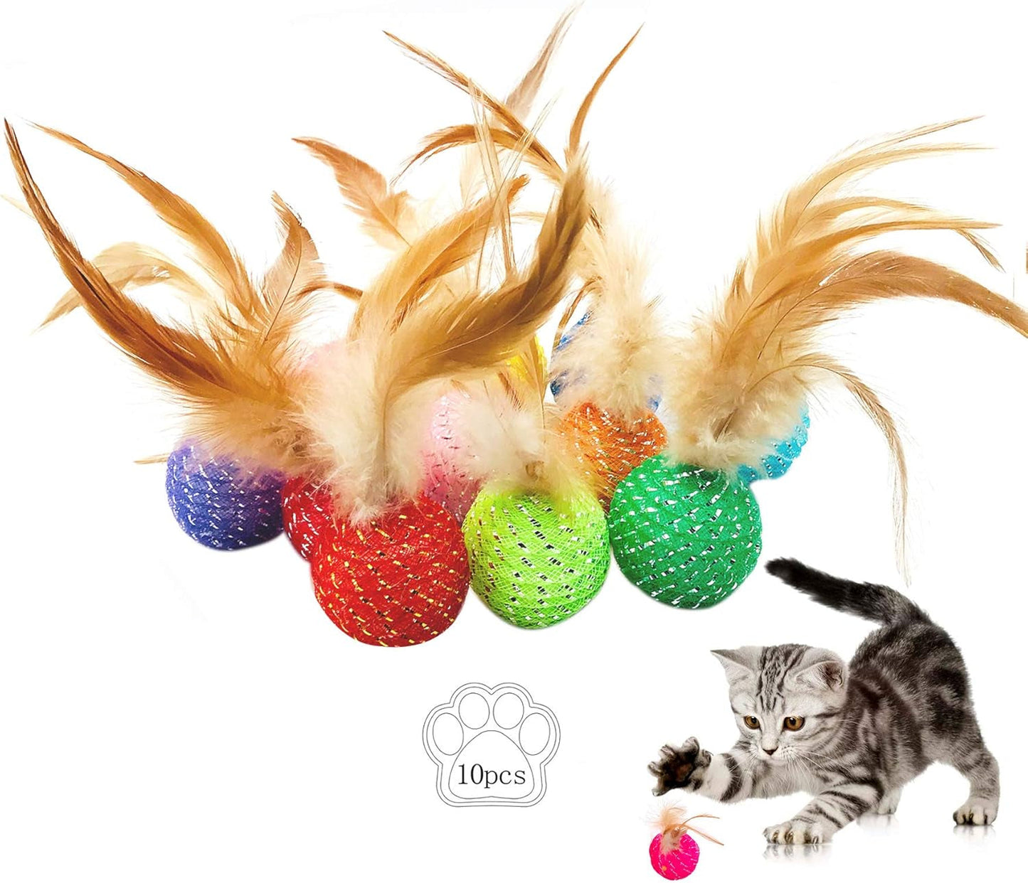 10Pcs Cat Colorful Rainbow Toys Flutter Balls with Feather and Bells for Indoor Ourdoor Kitty Kitten Interactive Playing Chewing Training Chasing Hunting and Exercise