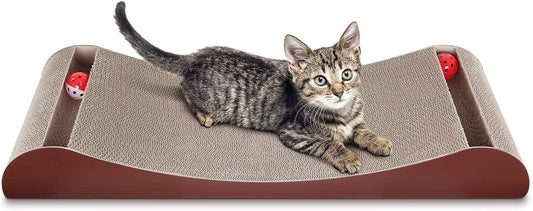 Fluffydream Cat Scratcher Cardboard, Scratching Pad House Bed Furniture Protector, Infinity Shape, Curved (Brown, Bone + Bell)