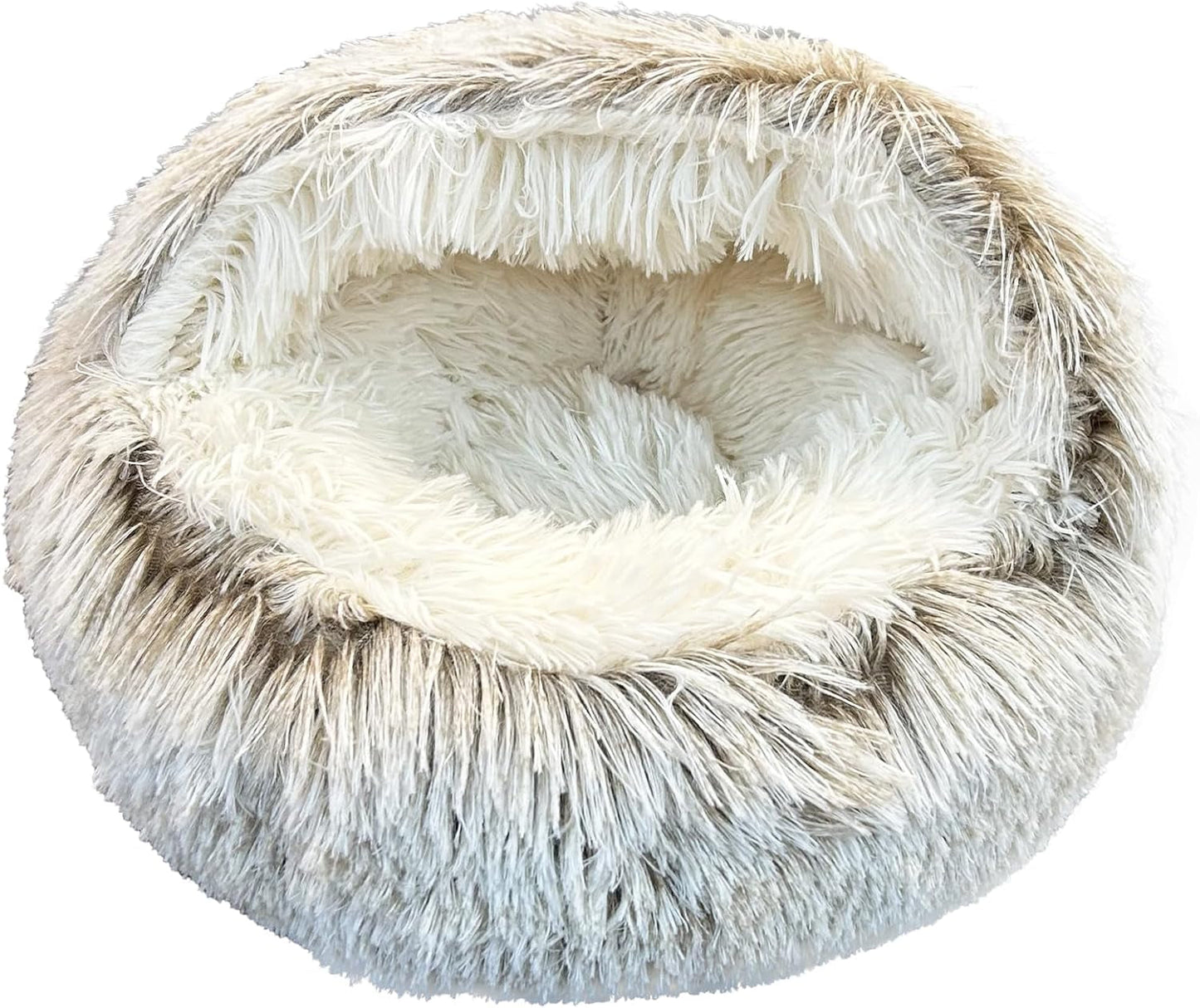 Calming Dog Beds & Cat Cave Bed with Hooded Cover, Anti-Anxiety Soft Plush Faux Fur round Beds for Puppies and Kitties, Cozy Warm Fluffy Sleeping Nest (Coffee)