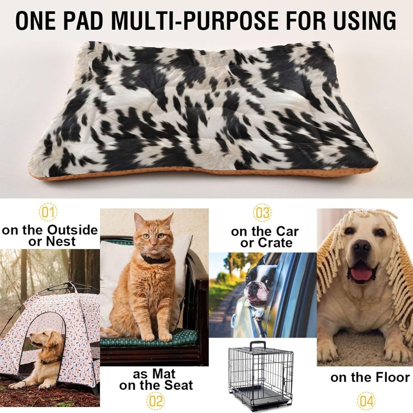 3D Cow Print Pet Bed Pad Soft Dog Bed Mat with Anti-Slip Bottom, Machine Washable Crate Pad Mattress for Dog Sleeping- 36 * 24Inches