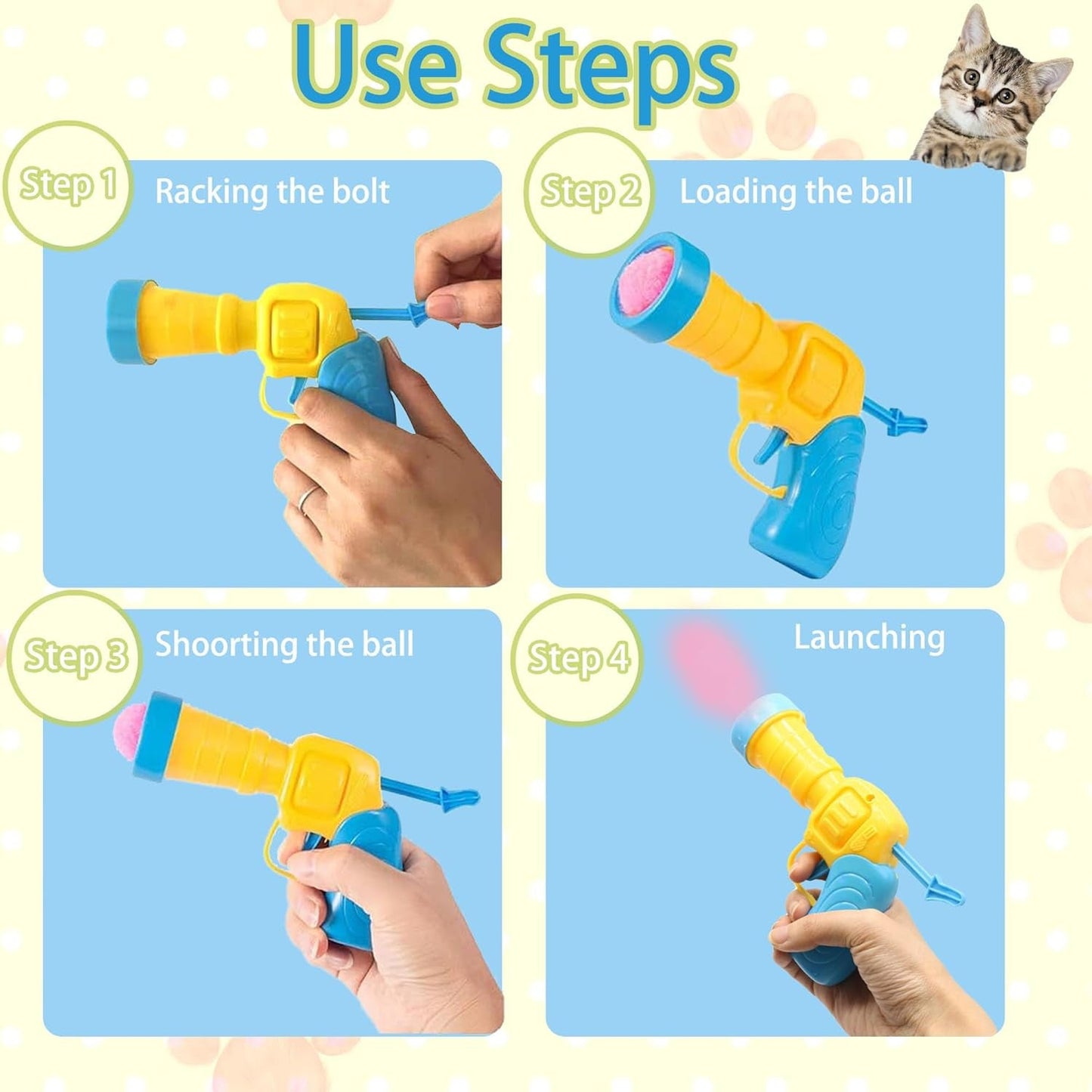 1 Cat Ball Launcher + 10Pcs 1.2’’Cat Toy Balls Silent Plush Elastic Cat Ball Toy Indoor Interactive Toys for Kitty, Dog and Pet, Ball Shooter for Training and Playing