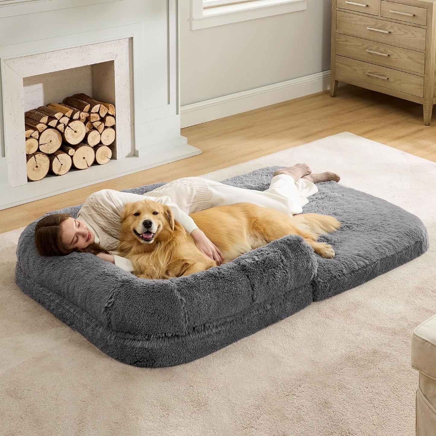 Bedsure Foldable Human Dog Bed for People Adults, 2 in 1 Calming Human Size Giant Dog Bed Fits Pet Families with Egg Foam Supportive Mat and Waterproof Liner, Faux Fur Orthopedic Dog Sofa, Camel