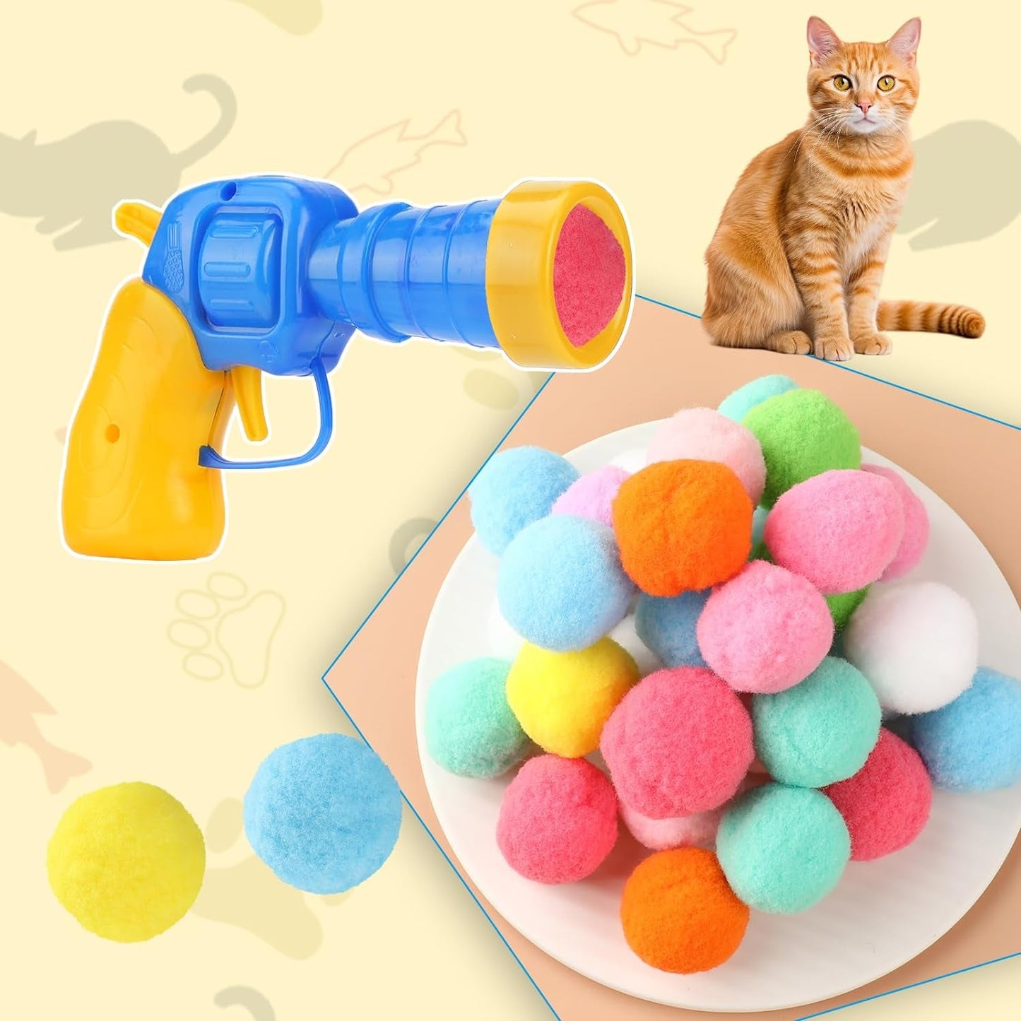 30 Pcs Cat Ball Launcher with Plush Ball, Cat Toys Cat Pom Balls Cat Ball Toy Elastic Plush Ball, Indoor Interactive Toys for Cats Kitten Training and Playing