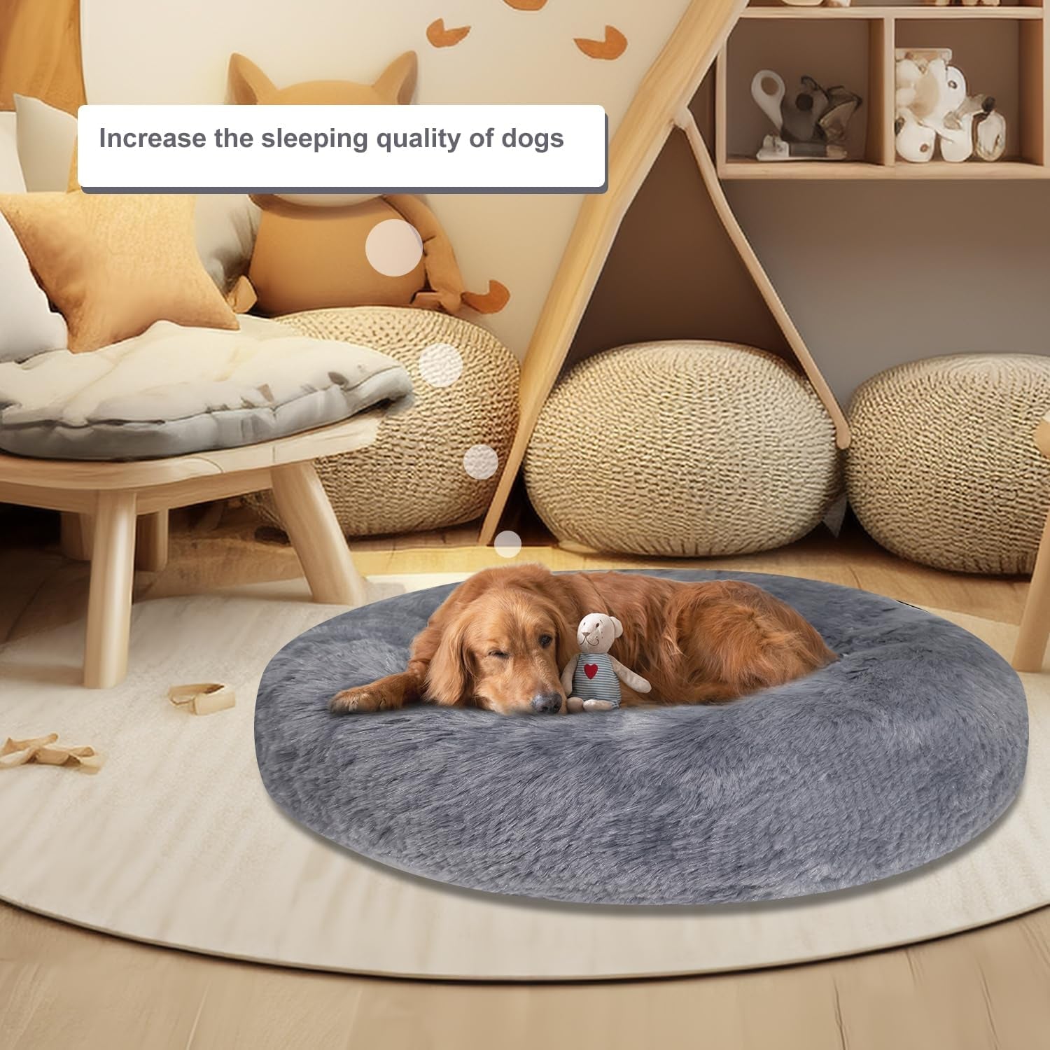 Calming Dog Bed & Cat Bed, Anti-Anxiety Donut Dog Cuddler Bed, Cozy Soft Warm Cat Dog round Bed, Fluffy Faux Fur Plush Cushion Pet Bed for Small Medium Dogs Cats (24", Navy Grey)