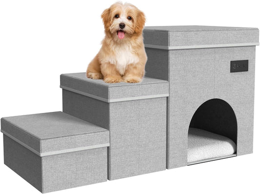 Dog Stairs-3 Steps Folding Pet Stairs with Storage Dog Steps for Bed or Couch for Small Medium or Large Dogs,Holding up to 100 Lbs Pets