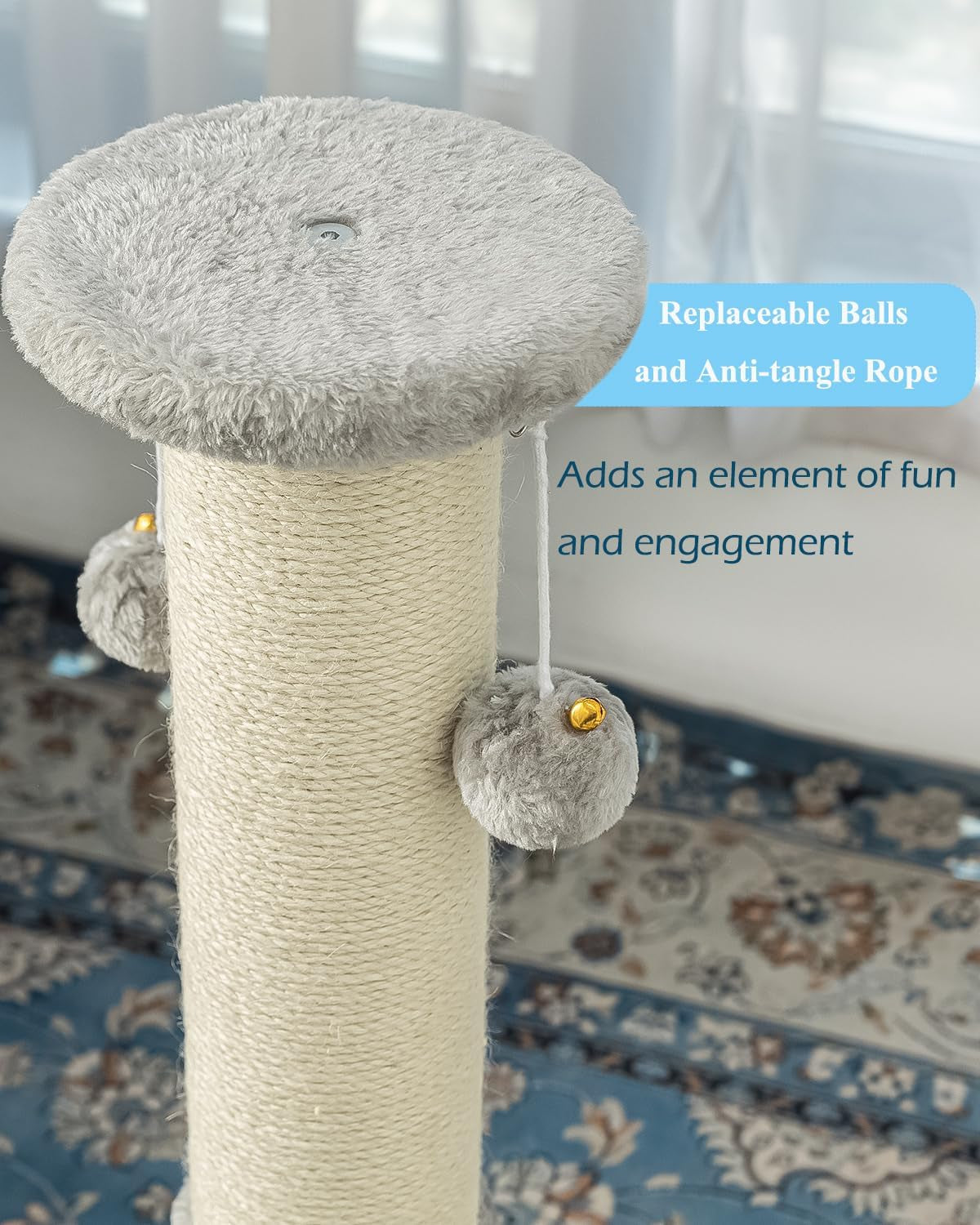 Kilodor 34Inch Tall Cat Scratching Post,4.3Inch Diameter Large Sisal Cat Scratch Post with Ball, Sturdy and Durable Cat Scratcher for Indoor Cats Adults Grey