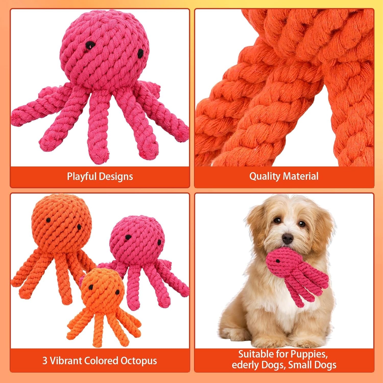 3 Pcs Dog Rope Toys No Squeaker Dog Toy Valentine'S Day Dog Gift for Puppy Octopus Dog Toy Dog Ropes for Teeth Cleaning Interacting Play Games, 3 Sizes