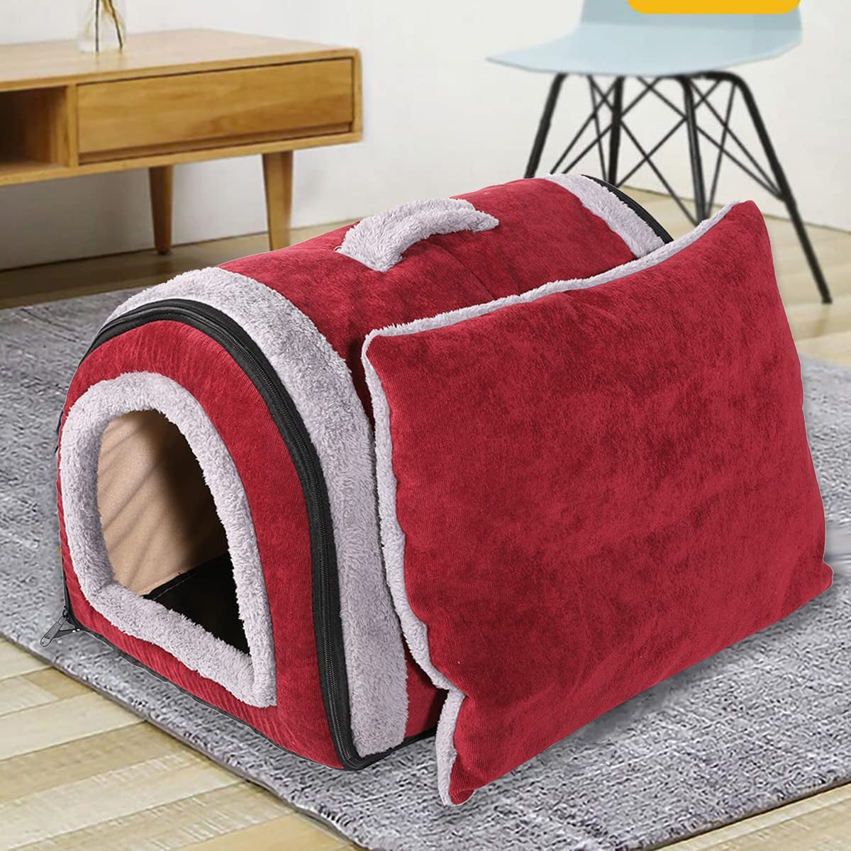 Barelove Pet Dog Bed for Indoor Cat Small Doggy, 2 in 1 Portable Soft Plush Pet Kitten Lgloo House Cave Warm Cozy Premium Cotton Puppy Rabbit Tent Beds with Removable Cushion & Anti-Slip Bottom (Red)