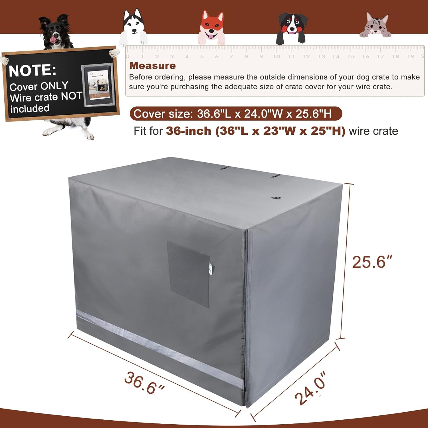 Yotache Dog Crate Cover for 36" Medium Double Door Wire Dog Cage, Lightweight 600D Polyester Indoor/Outdoor Waterproof & Windproof Pet Kennel Covers, Gray | NO Wire Crate