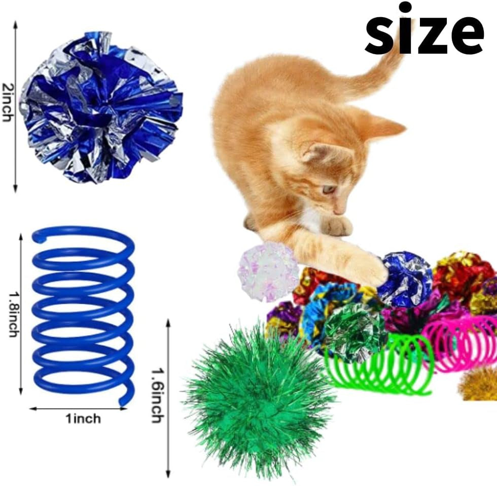 36 PCS Cat Crinkle Balls Toy and Cat Spring Toy, 12 Pcs Mylar Crinkle Ball, 12 Pcs Cat Spiral Spring, 12Pcs Sparkle Balls Tinsel Poms, for Cats Kittens Playing Interacting