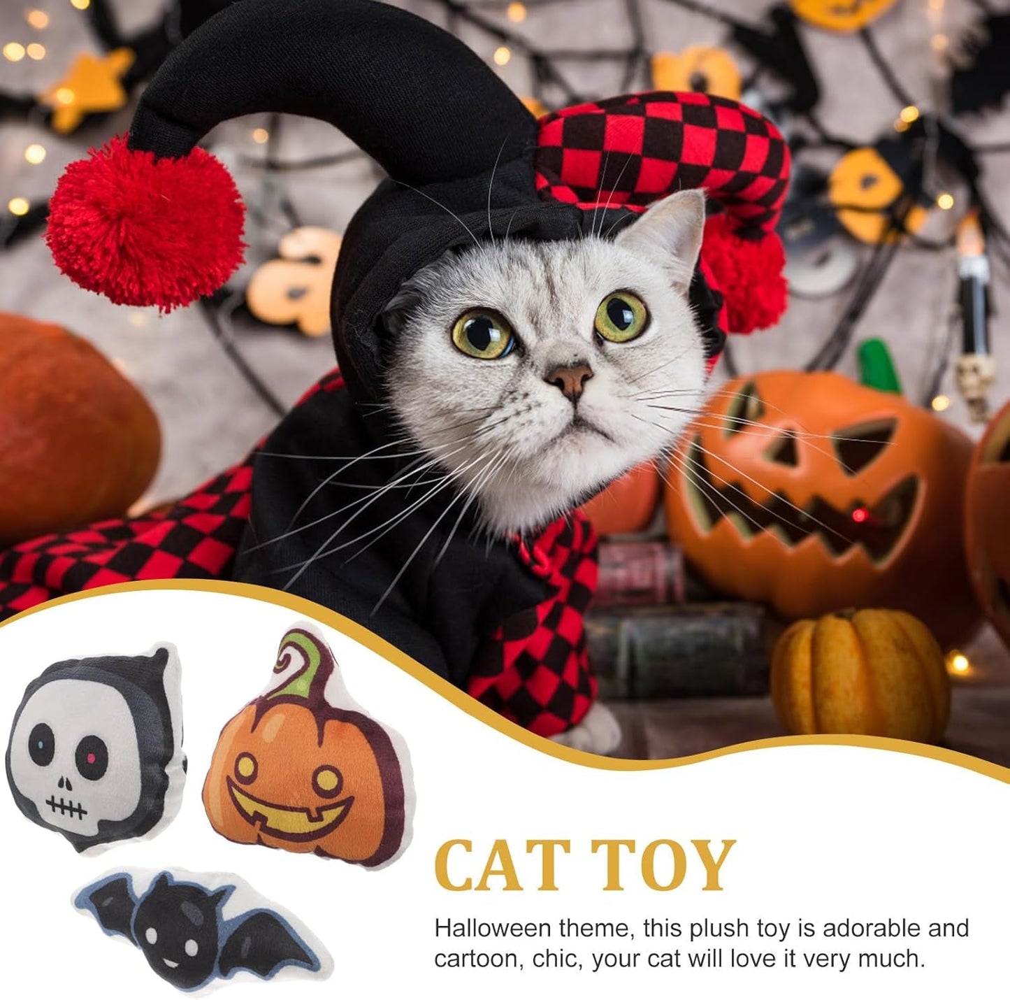 3Pcs Halloween Cat Catnip Toys Skull Pumpkin Bat Shaped Interactive Toys Plush Cat Teething Toys for Indoor Outdoor Cat Play