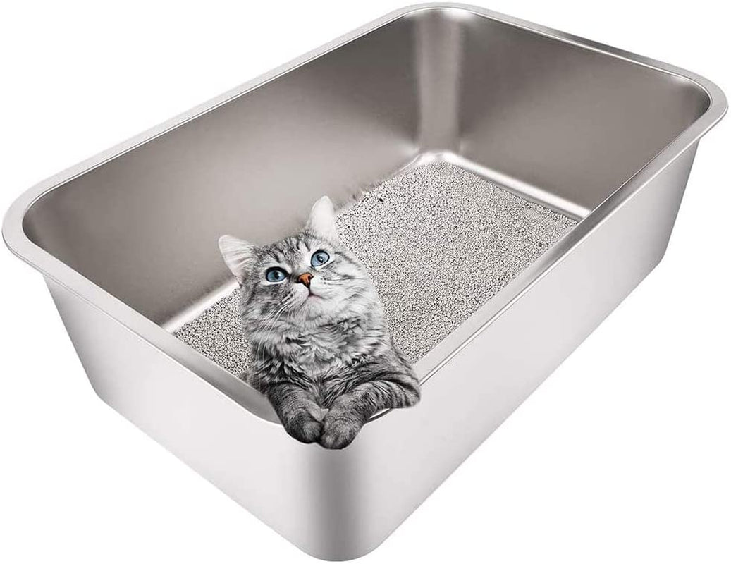 Yangbaga Stainless Steel Litter Box for Cat and Rabbit, Odor Control Litter Pan, Non Stick, Easy to Clean, Rust Proof, Large Size with High Sides and Non Slip Rubber Feets