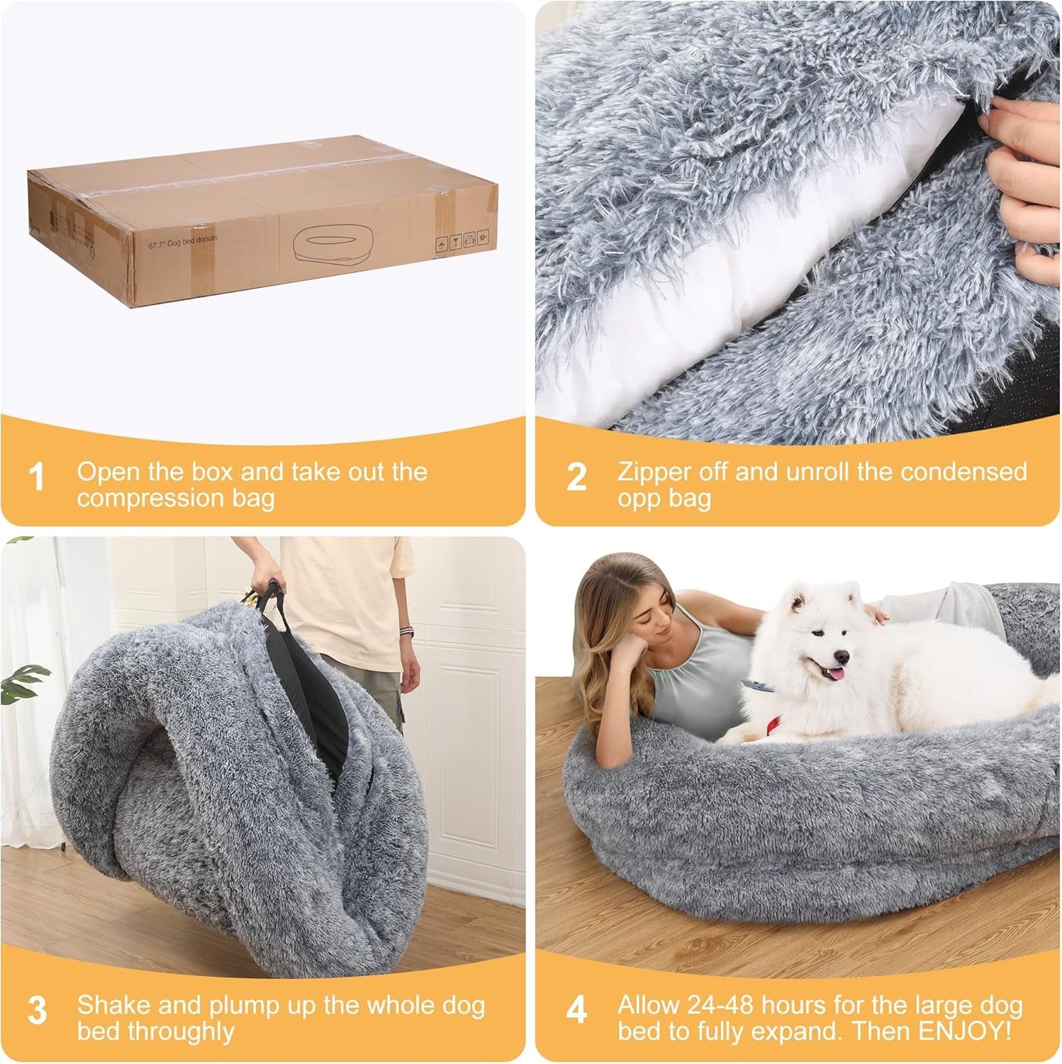 Large Dog Bed, 63" Luxury Human Dog Bed for People Adults with Washable Faux Fur Removable Cover and Waterproof Lining, 3D Memory Foam Dog Bed with Side Pocket and Strap, Gray