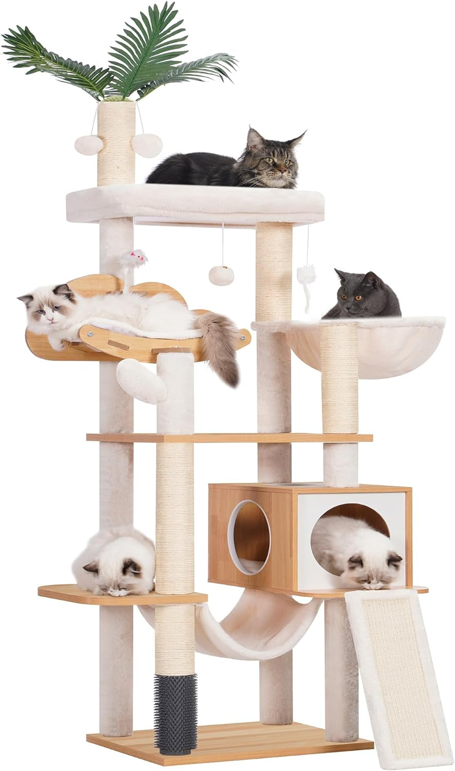 Hebly Wood Cat Tree for Indoor Cats, Cat Condo for Large Cats with Self Groomer,Modern Cat Scratching Tower with Basket,Hammock,Dangling Ball and Leaves,Rustic Brown HCT120SR