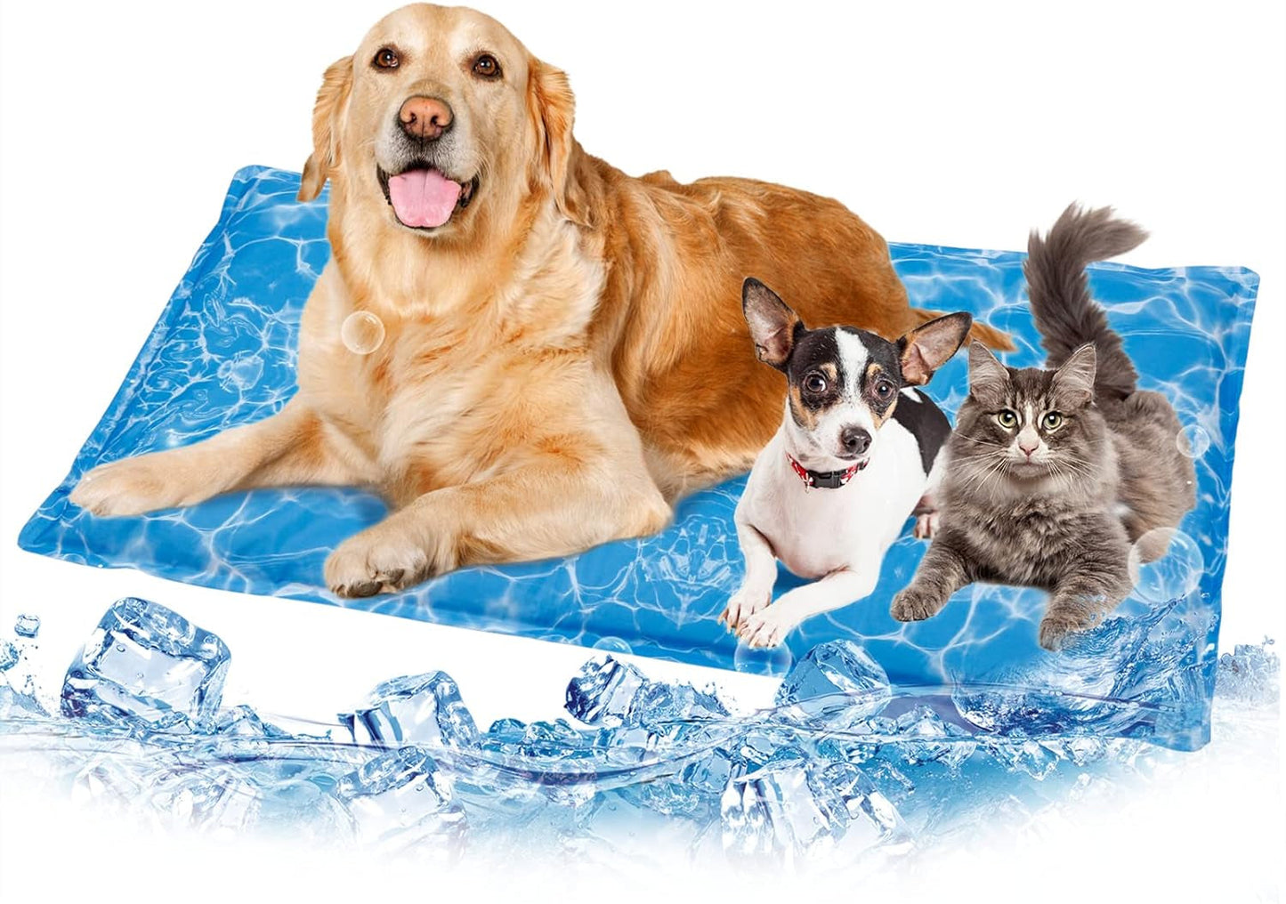 Dog Cooling Mat Large Pad Water Injection Pet Cooling Pad, Cooling Dog Bed Mats for Large Dogs & Cats - for Kennels, Crates and Beds, Thick Foam Base, Blue Ocean Design (Blue, Medium)