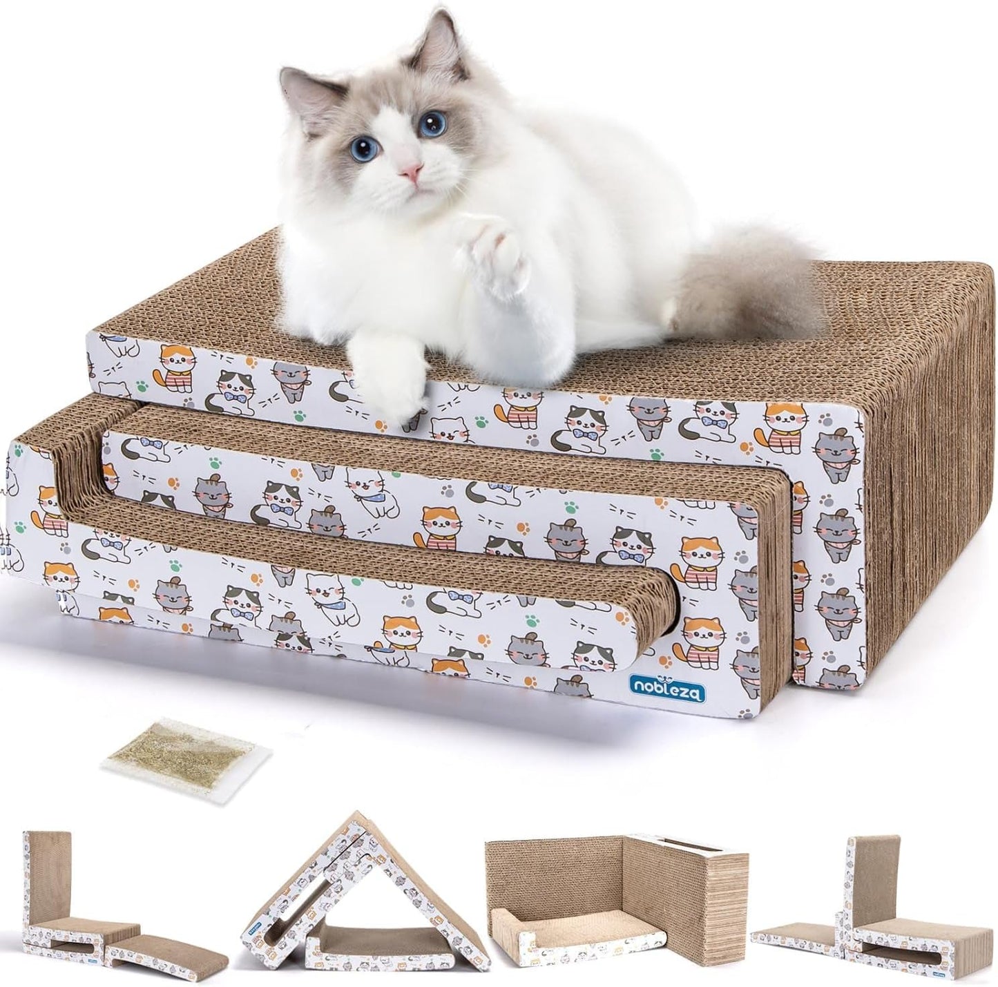 Nobleza Cat Scratcher Cardboard, 2 in 1 Reversible Scratching Pad, Recyclable Corrugated Scratch Toy with Cat-Head Shape, Cat Scratch Lounge for Furniture Protection