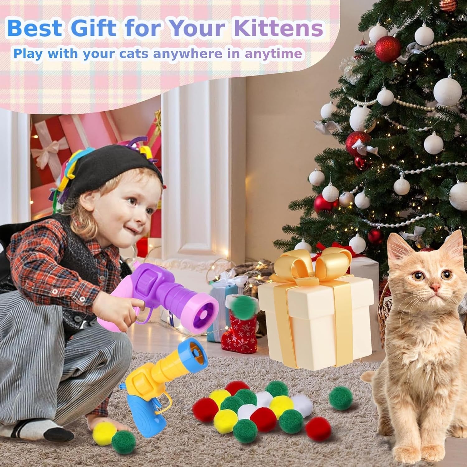 2 Cat Ball Launcher + 50Pcs 1.2’’Cat Toy Balls, Interactive Kitten Toys for Indoor Cats Self Play, Silent Plush Elastic Cat Ball Toy, Suitable for Training and Playing.