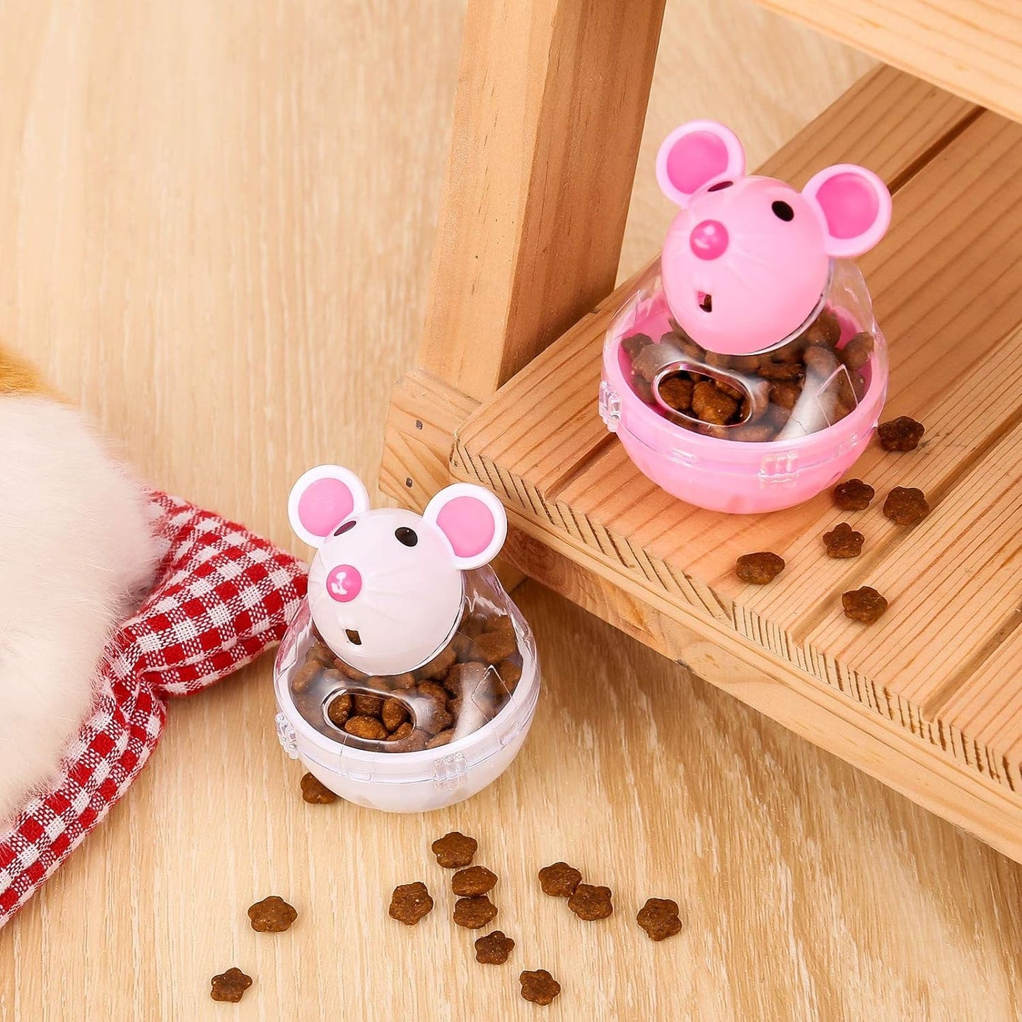 4 Pcs Cat Food Ball Dispenser, Small Cat Food Balls Slow Feeder Mice Shaped Tumbler Cat Food Toy Cat Treat Toy Feeder Toy for Interactive Training(Pink,White)