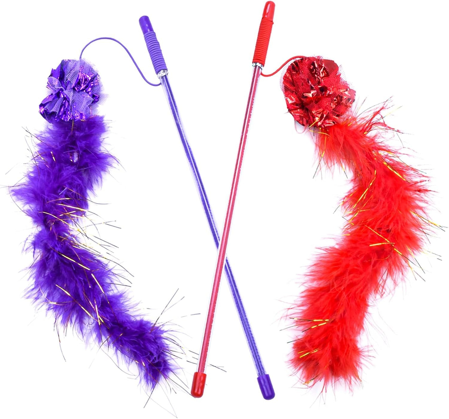 2 Pcs Cat Wand Toys,Interactive Cat Feather Toy,Purple and Red Funny Cat Stick for Home Cats, Cat Toy to Improve Responsiveness