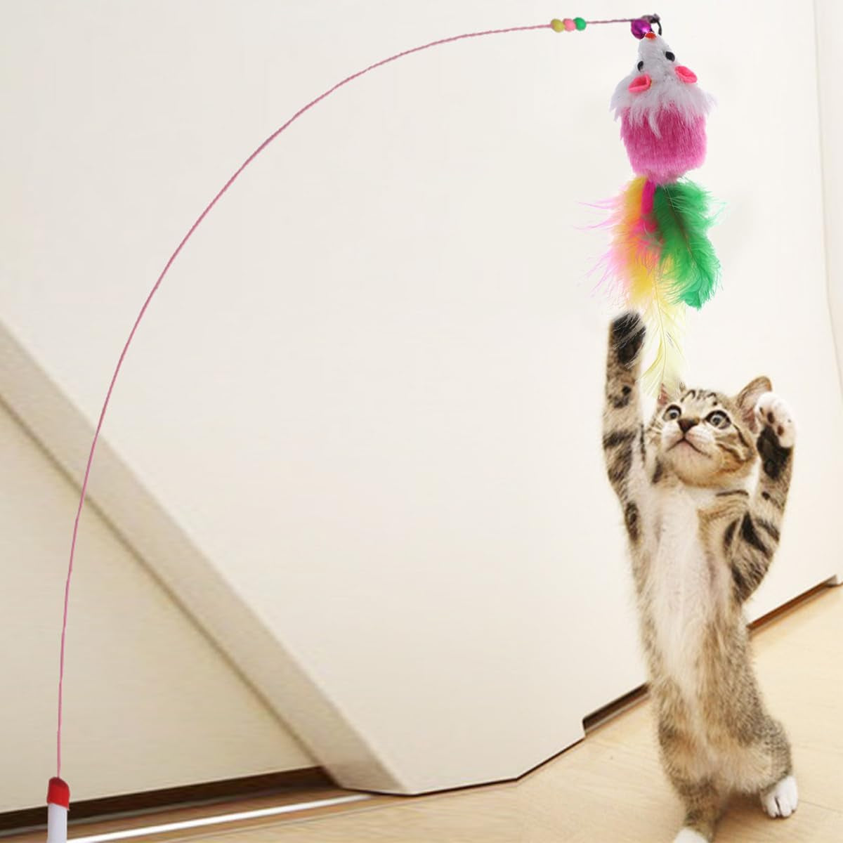 10 PCS Furry Pet Toys Mice Cat Toy Mouse Cat Catcher Toys with Feather Tails(Random Color)