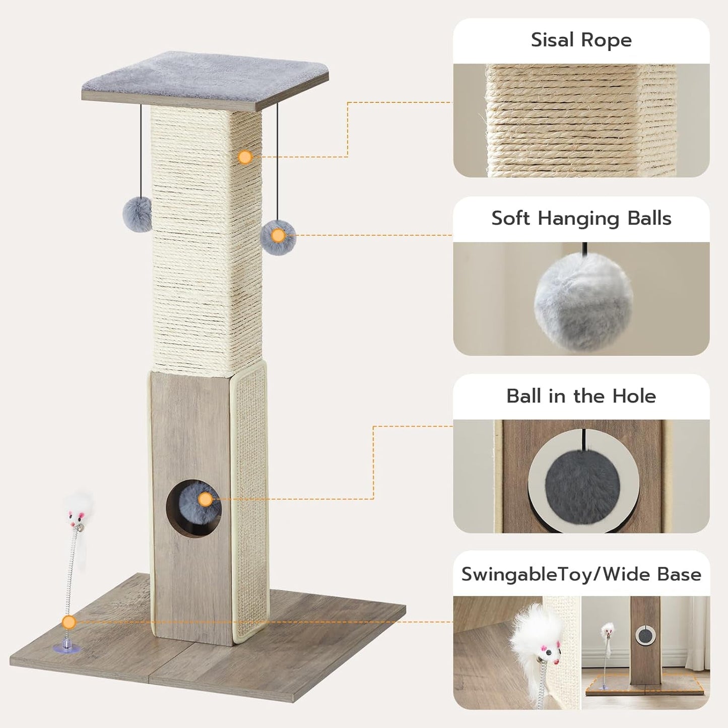 HOOBRO 28.3" Tall Cat Scratching Post, Cat Scratch Posts for Indoor Cats, Sisal Cat Scratcher Tower with Dangling Ball for Large Cats, Tall Furniture Scratching Cat Activity Scratcher, Greige BG01CP03