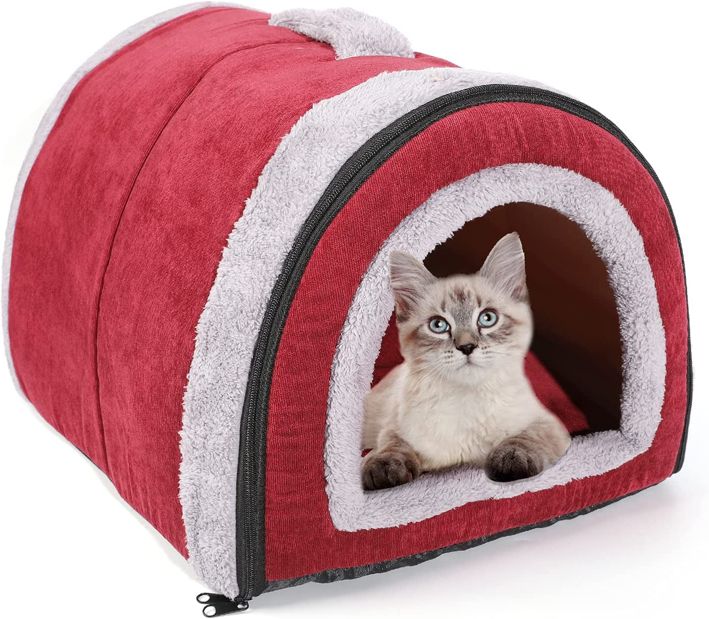 Barelove Pet Dog Bed for Indoor Cat Small Doggy, 2 in 1 Portable Soft Plush Pet Kitten Lgloo House Cave Warm Cozy Premium Cotton Puppy Rabbit Tent Beds with Removable Cushion & Anti-Slip Bottom (Red)