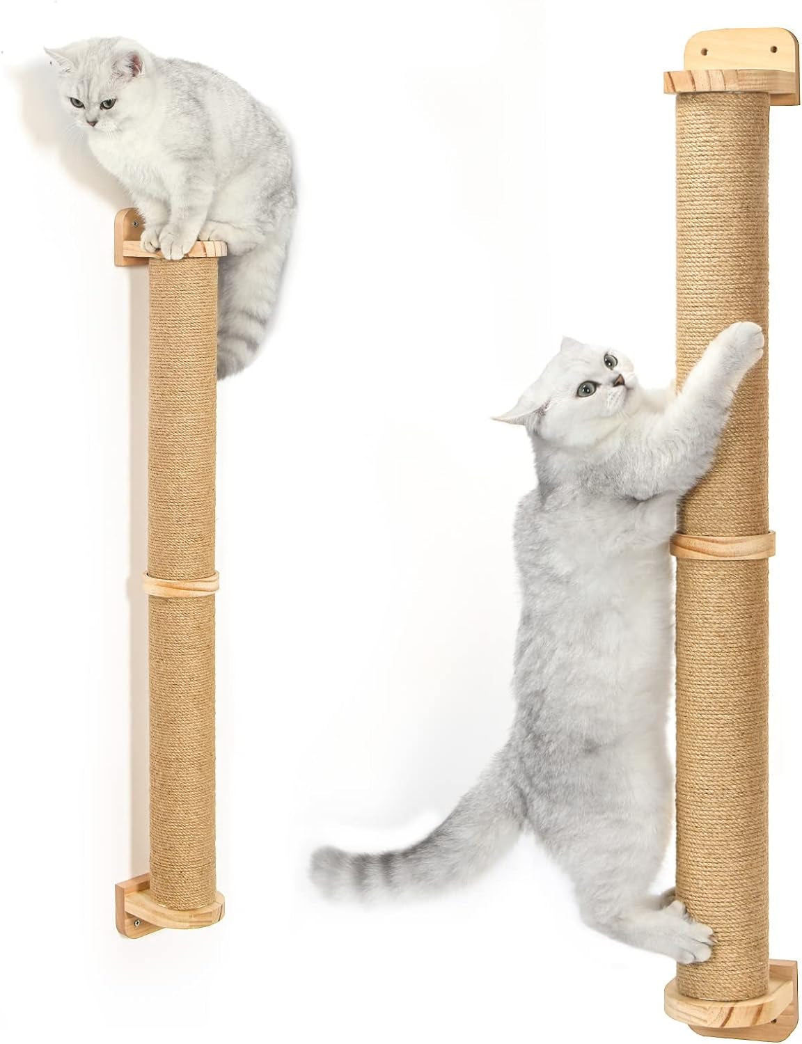 2 Tier Cat Wall Wood Sisal Scratching Post for Indoor - 37 Inch Tall- Vertical or Horizontal Wall Mounted Cat Scratcher, Cat Scratching Board, Cat Activity Trees Cat Wall Furniture Shelves