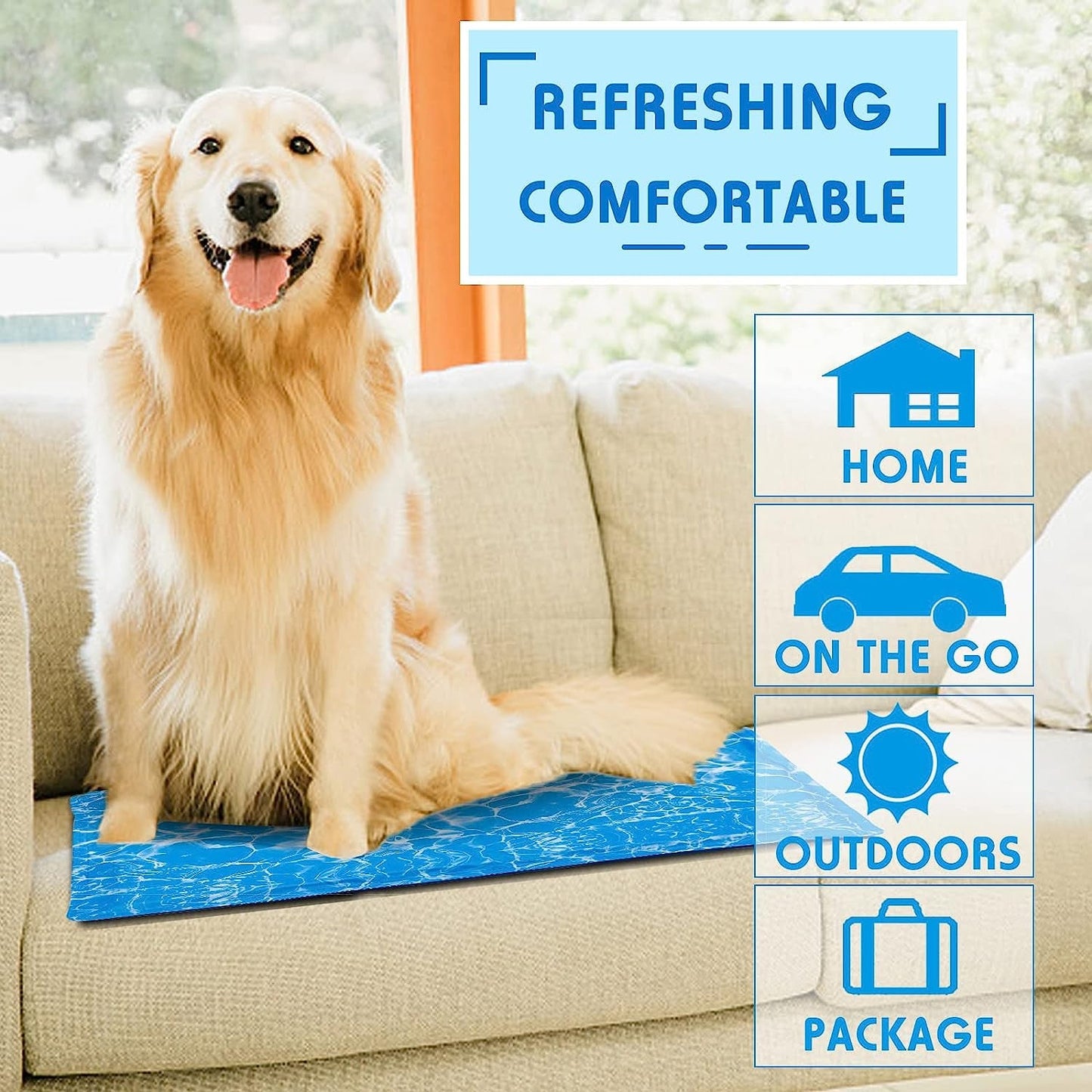 Dog Cooling Mat Large Pad Water Injection Pet Cooling Pad, Cooling Dog Bed Mats for Large Dogs & Cats - for Kennels, Crates and Beds, Thick Foam Base, Blue Ocean Design (Blue, Medium)