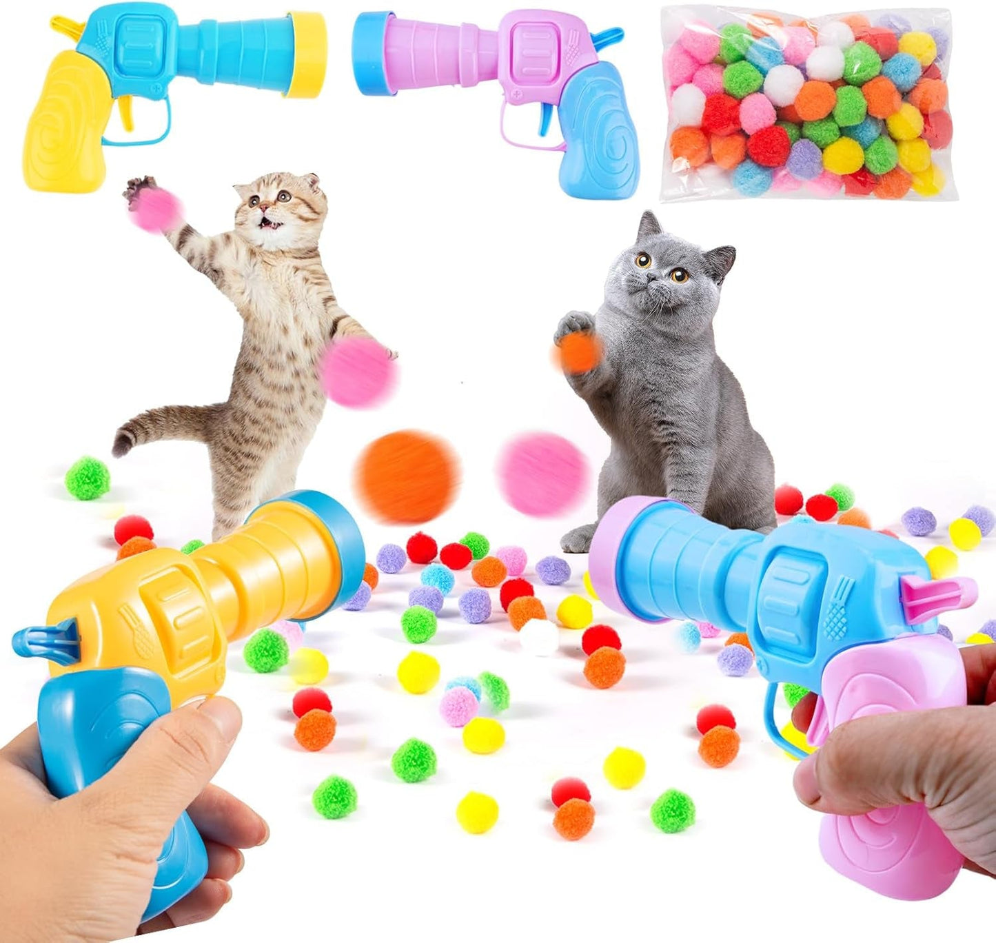 4 Pcs Cat Ball Launchers with 100 Pcs Cat Toy Balls, Cat Toy Gun Launcher, Cat Fetch Toy Gun Shooter, Kitten Toys for Indoor, Plush Ball Shoot Gun for Kitty