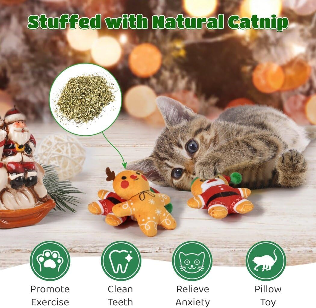 3-Pack Christmas Catnip Toys Interactive Cats, Catnip Filled Cat Teething Toy, Kitten Chew Plush Gift, Festive Catnip Crinkle Toy