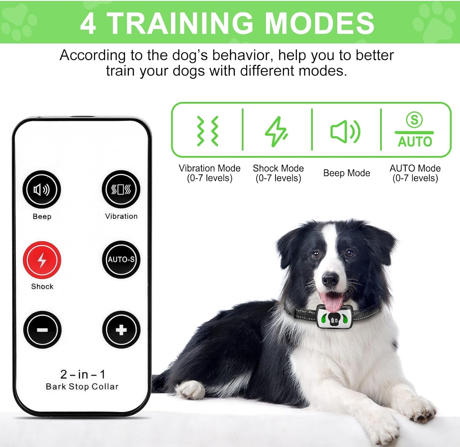 [2024 Upgrade] Bark Collar with Additional Mini Remote - Dog Bark Collar with 4 Training Modes - IPX7 Waterproof Dog Shock Collar for Indoor, Garden & Courtyard, Safe Bark Collar for Most Breed Sizes