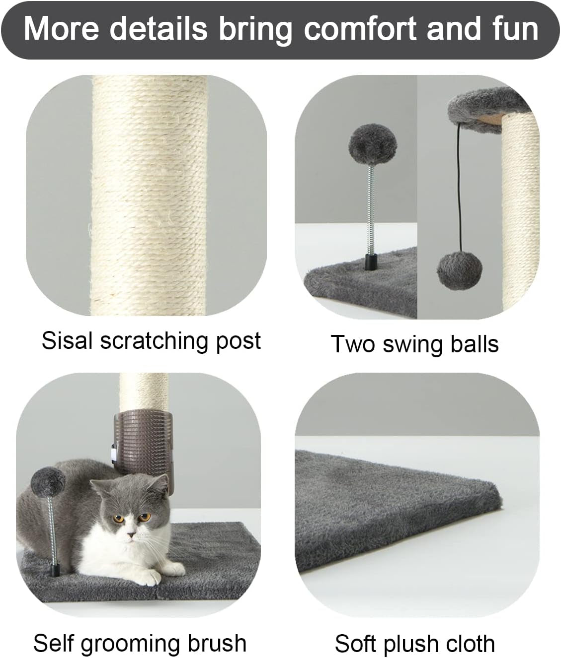 32" Tall Cat Scratching Post Sisal Scratch Posts with Hanging Ball and Self-Massage Brush Vertical Scratcher for Indoor Cats and Kittens(Gray 32Inches)