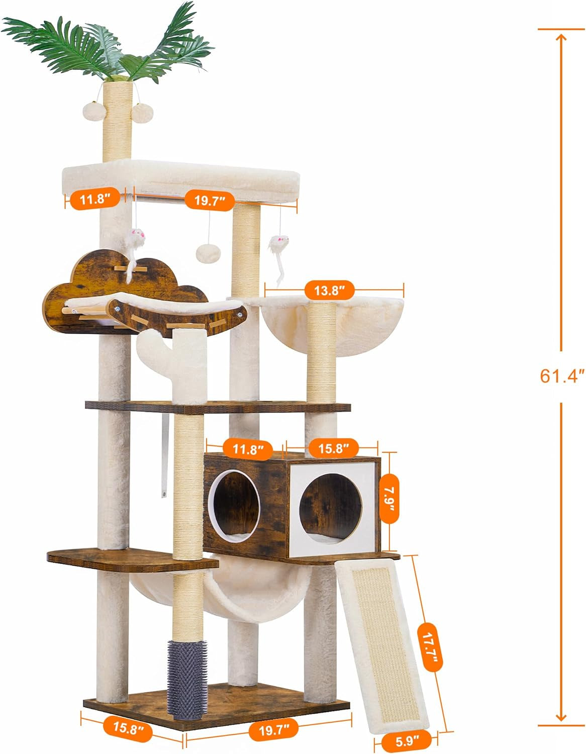 Hebly Wood Cat Tree for Indoor Cats, Cat Condo for Large Cats with Self Groomer,Modern Cat Scratching Tower with Basket,Hammock,Dangling Ball and Leaves,Rustic Brown HCT120SR