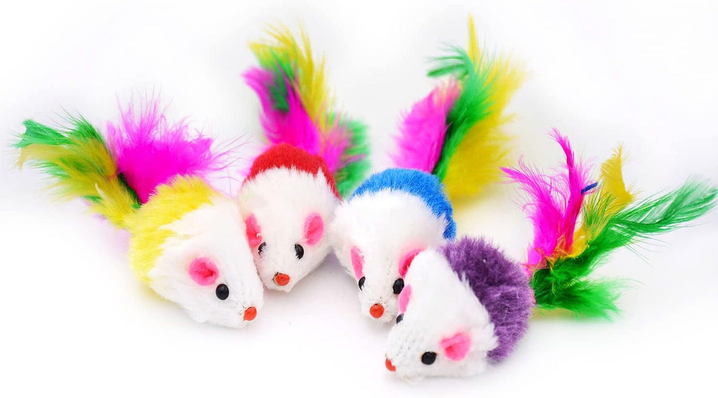 20 PCS Furry Cat Toys Squeak Mouse Rattle Mice Cat Catcher Pet Toys with Feather Tails (Random Color)