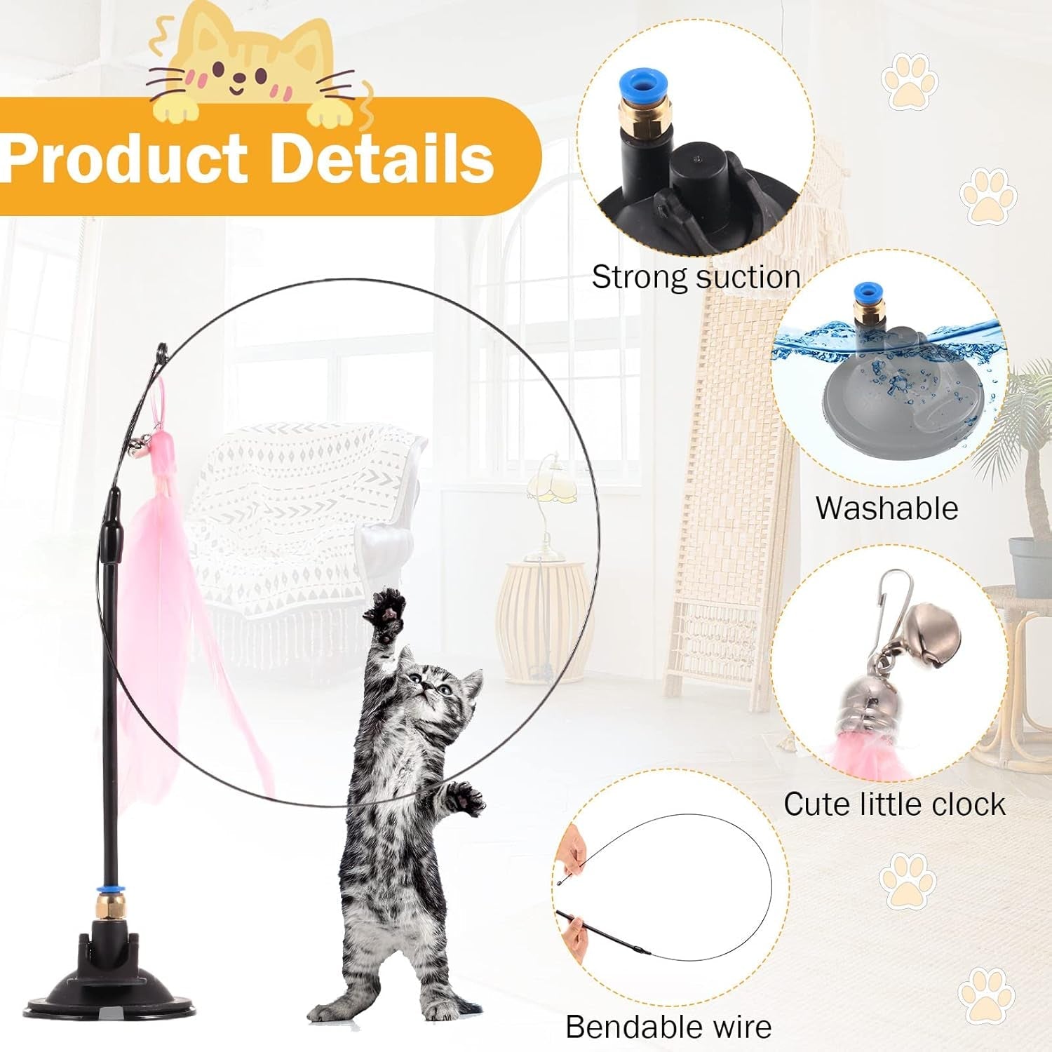 14 Pcs Cat Wand Feather Toys Set Include 4 Interactive Cat Toy with Suction Cup and 10 Teaser Refills Replacement with Bells Detachable Cat Toys for Cats Kitten Play Chase Exercise Indoor