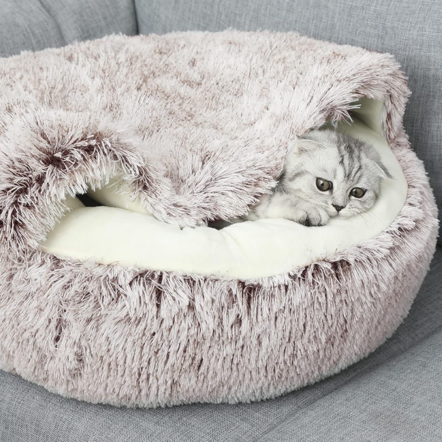 Cat Bed round Plush Fluffy Hooded Cat Bed Cave, Cozy for Indoor Cats or Small Dog Beds, Soothing Pet Beds Doughnut Calm Anti-Nxiety Dog Bed - Waterproof Bottom Washable (26×26Inch, Coffee)