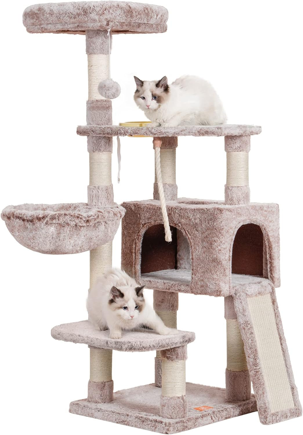 Heybly Cat Tree with Cat Self Groomer Brush, Cat Tower Condo for Indoor Cats with Padded Plush Perch,Feeding Bowl,Cat House with Basket Scratching Board Post, Light Gray HCT005SW