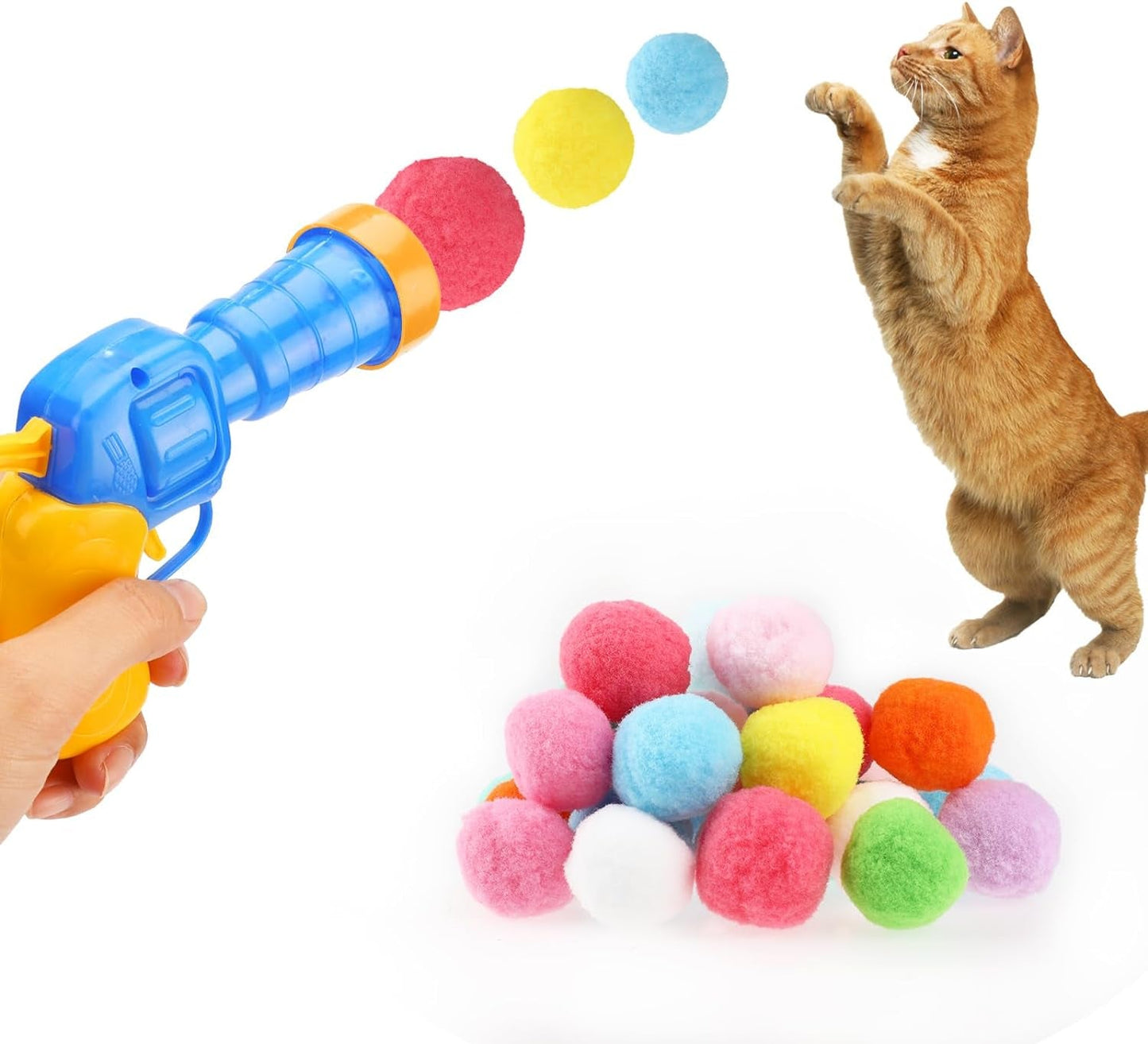 30 Pcs Cat Ball Launcher with Plush Ball, Cat Toys Cat Pom Balls Cat Ball Toy Elastic Plush Ball, Indoor Interactive Toys for Cats Kitten Training and Playing