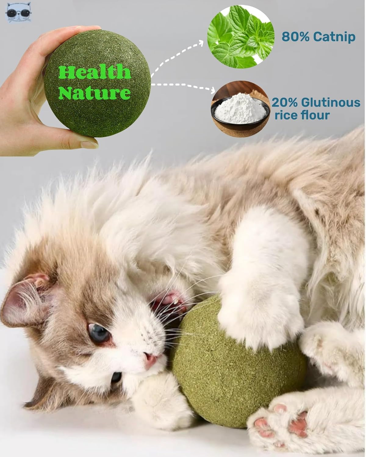 2PCS Cat Giant Catnip Balls, 4" Huge Catnip Ball for Indoor Cats, Kitten Big Catmint Ball Licker Toy, Organic Large Catnip Ball, Jumbo Catwort Toy for Cat (Catnip Balls 2PCS)