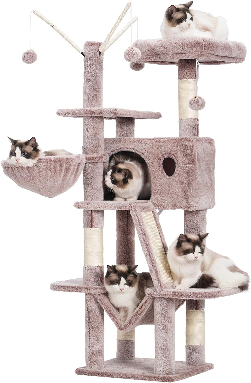 Hey-Brother Cat Tree, 53 Inch Cat Tower for Indoor Cats, Cat House with Padded Platform Bed, Toy Balls, Large Cozy Condo, Hammocks and Sisal Scratching Posts, Light Gray MPJ019-SW