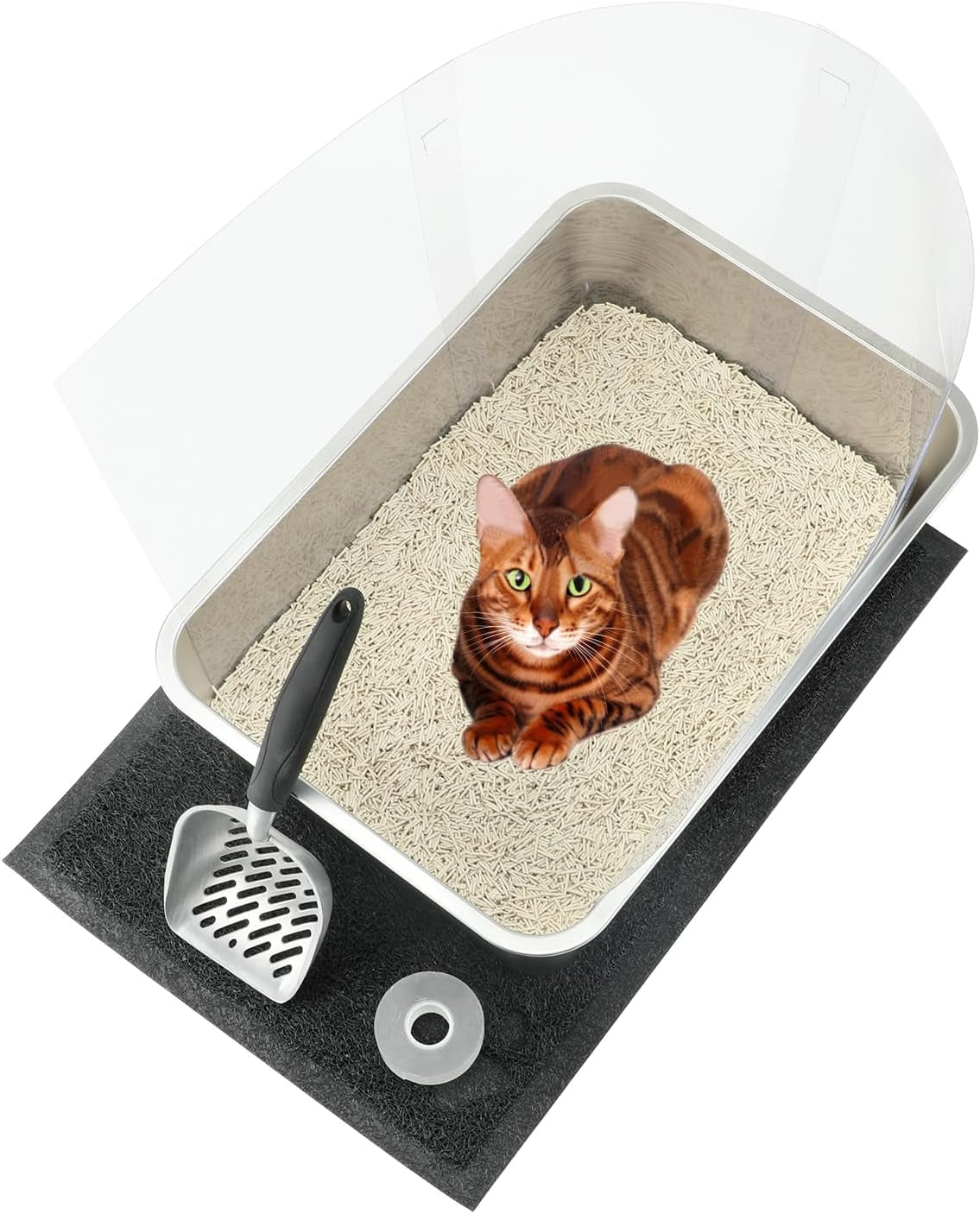 YUEPET 1 Set Stainless Steel Cat Litter Box with High Sides, Durable Metal Cat Litter Basin Pan Easy to Clean Cat Litter Tray for Odor Control with Cat Litter Scoops Cat Litter Mats 17.5"X13.6"X6"