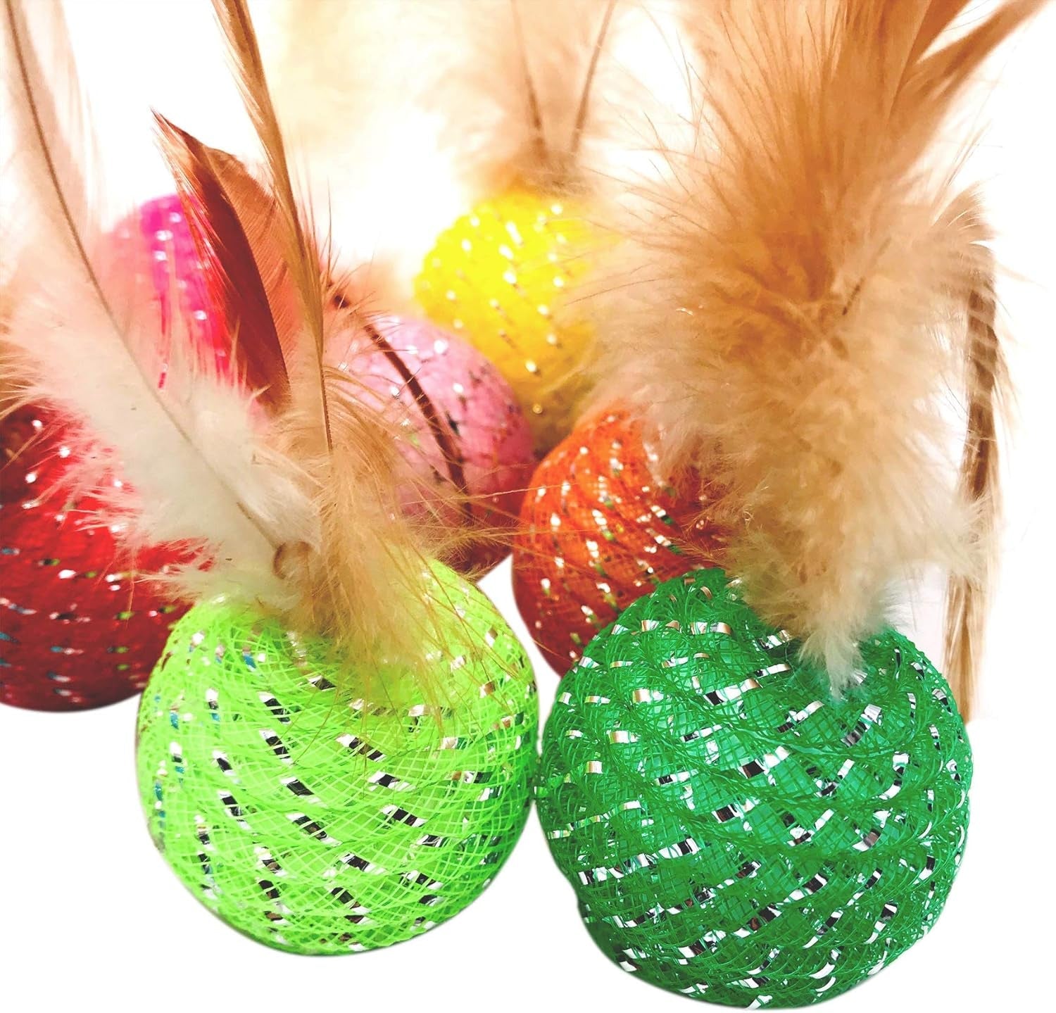 10Pcs Cat Colorful Rainbow Toys Flutter Balls with Feather and Bells for Indoor Ourdoor Kitty Kitten Interactive Playing Chewing Training Chasing Hunting and Exercise