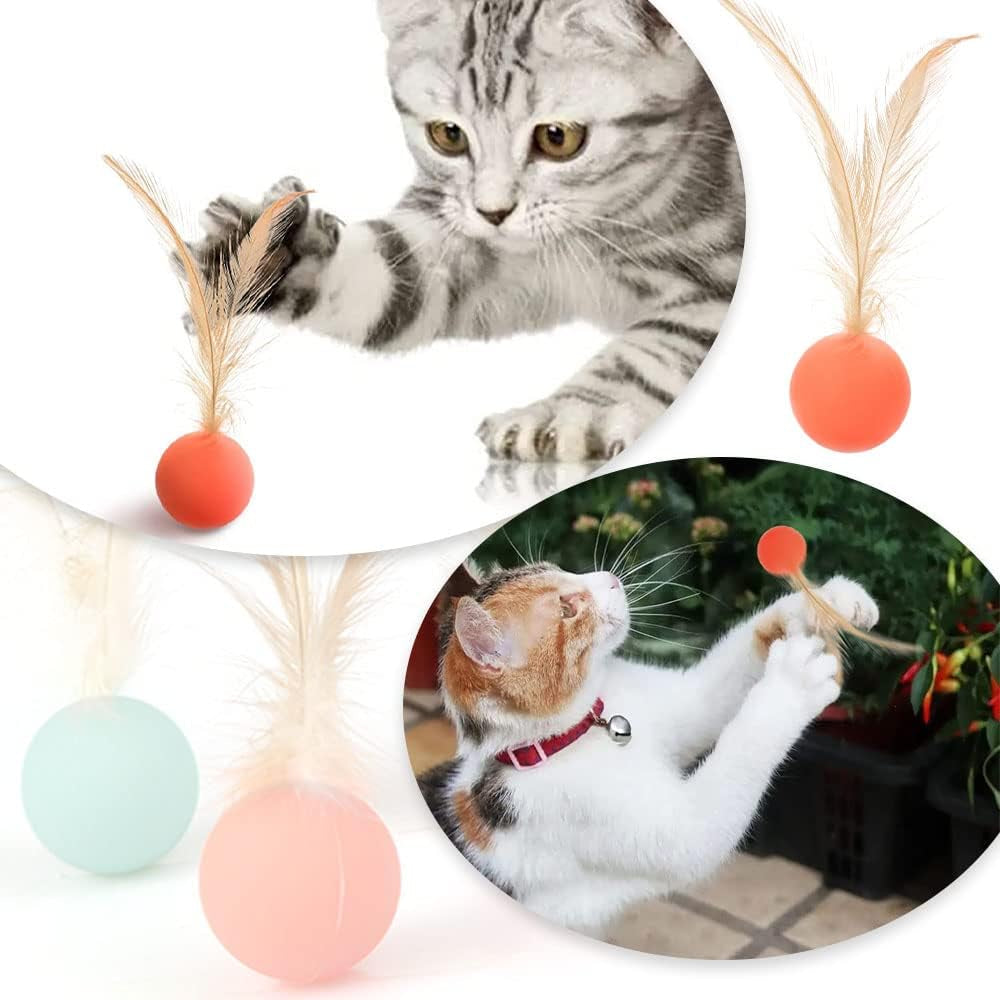 3 Pcs Cat Toy Balls Bite Resistant Cat Toys Bouncy Balls with Feathers High Rebound Pet Interactive Kitten Toys for Cats Indoor and Outdoor Play Interaction