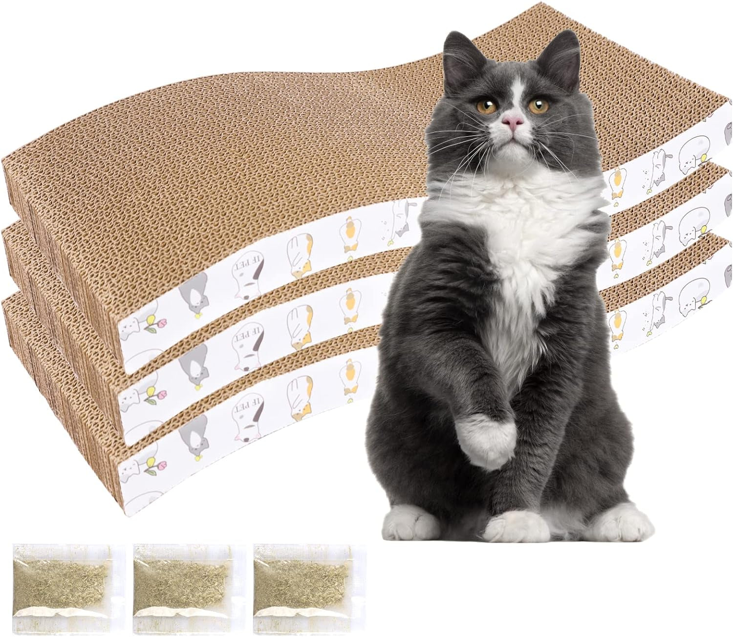 4 Pack Cat Scratch Pad with Box, Cardboard Cat Scratcher for Indoor Cats, Reversible Scratcher with Catnips Box Bed Desigh for Small Medium Cat Kitten, Scratching Board for Cats