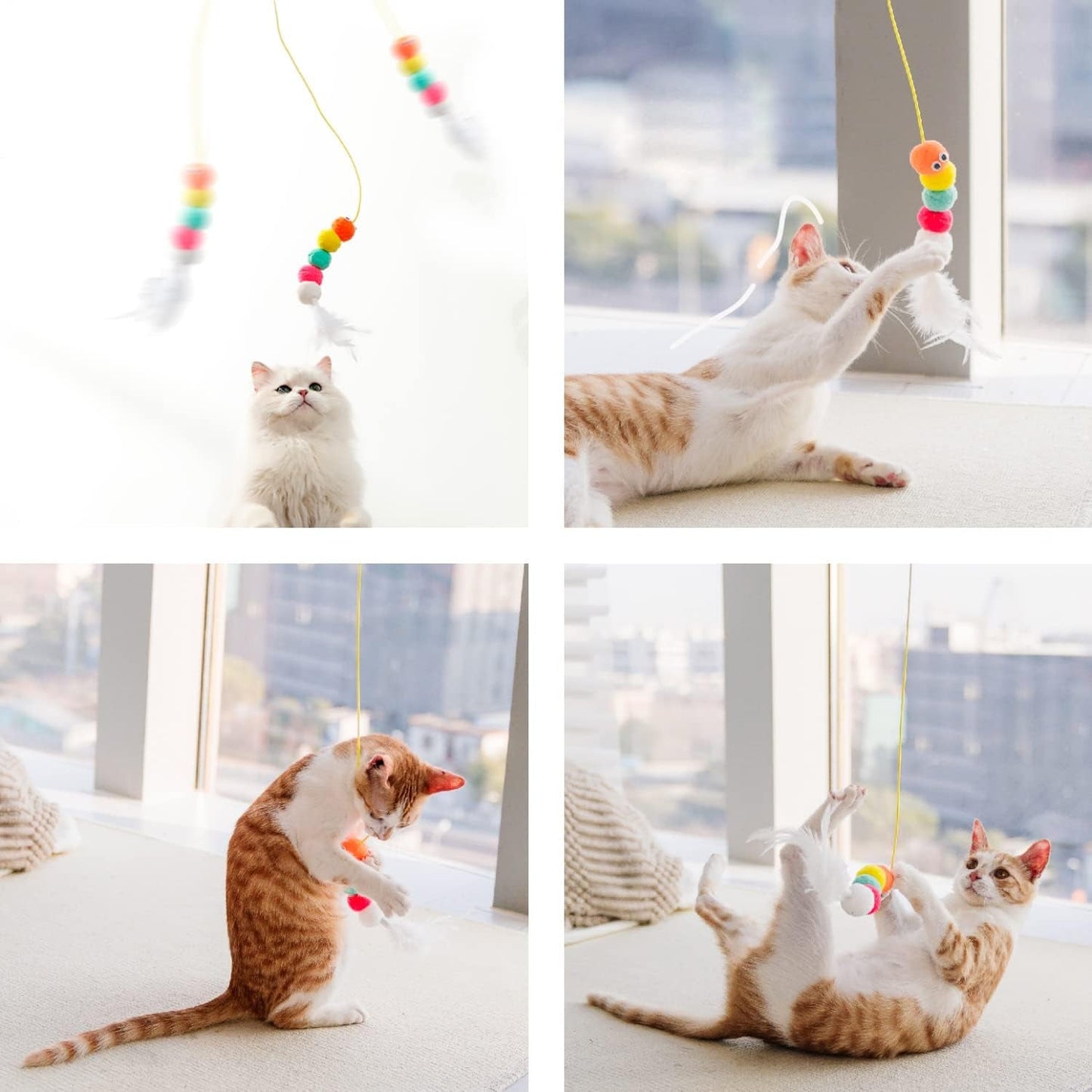 3 Pcs Butterfly Worm Interactive Cat Feather Teaser Toys, Adhesive Hook Door Hanging Toy for Indoor Cats Kitty Play Chase Exercise, Exercise Kitten Toys - Dragonfly/Tassels Worm (Feather Worm Toys)