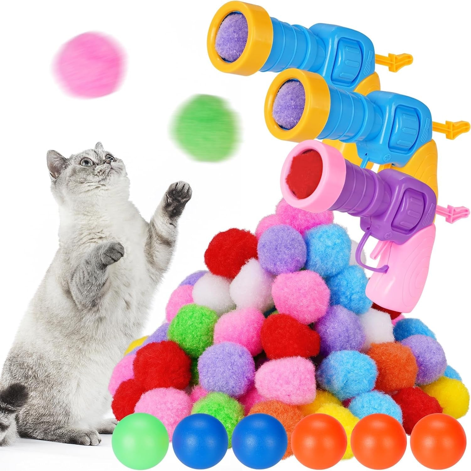 158Pcs Cat Ball Launcher Set, Interactive Cat Toy Pom Pom Balls for Bored, Lightweight and Silent Cat Toys Pet Ball Launcher Plush Ball Shoot Gun Toy for Indoor Cats Kitten (Glitter Balls)