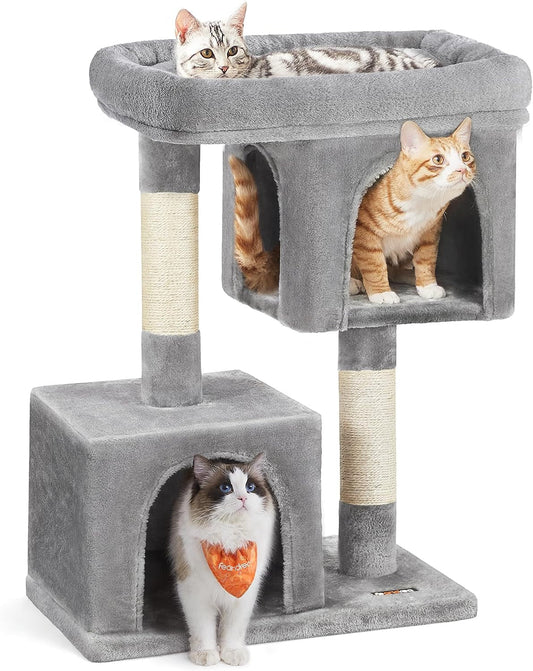 Feandrea Cat Tree, 33.1-Inch Cat Tower, L, Cat Condo for Large Cats up to 16 Lb, Large Cat Perch, 2 Cat Caves, Scratching Post, Light Gray UPCT61W