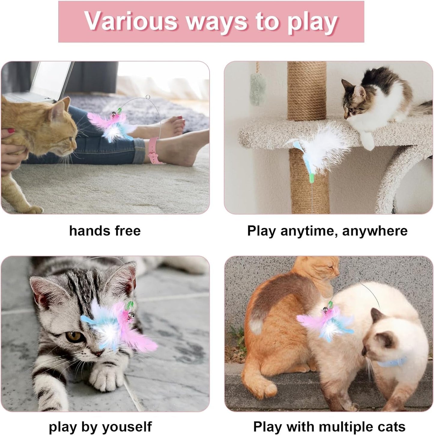 2Pcs Cat Collar Toys, Silicone Feather Cat Teasing Wands with Neck Collar Adjustable Cat Wand Toys with Bell Cat Interactive Teaser Toys for Indoor Cat Playing Training