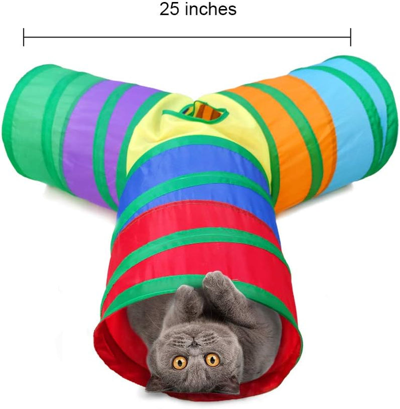 3 Way Cat Tunnel Pet Tube Collapsible Play Toy Indoor Outdoor Kitty Puppy Toys for Puzzle Exercising Hiding Training and Running with Fun Ball Catnip and Feather Toy