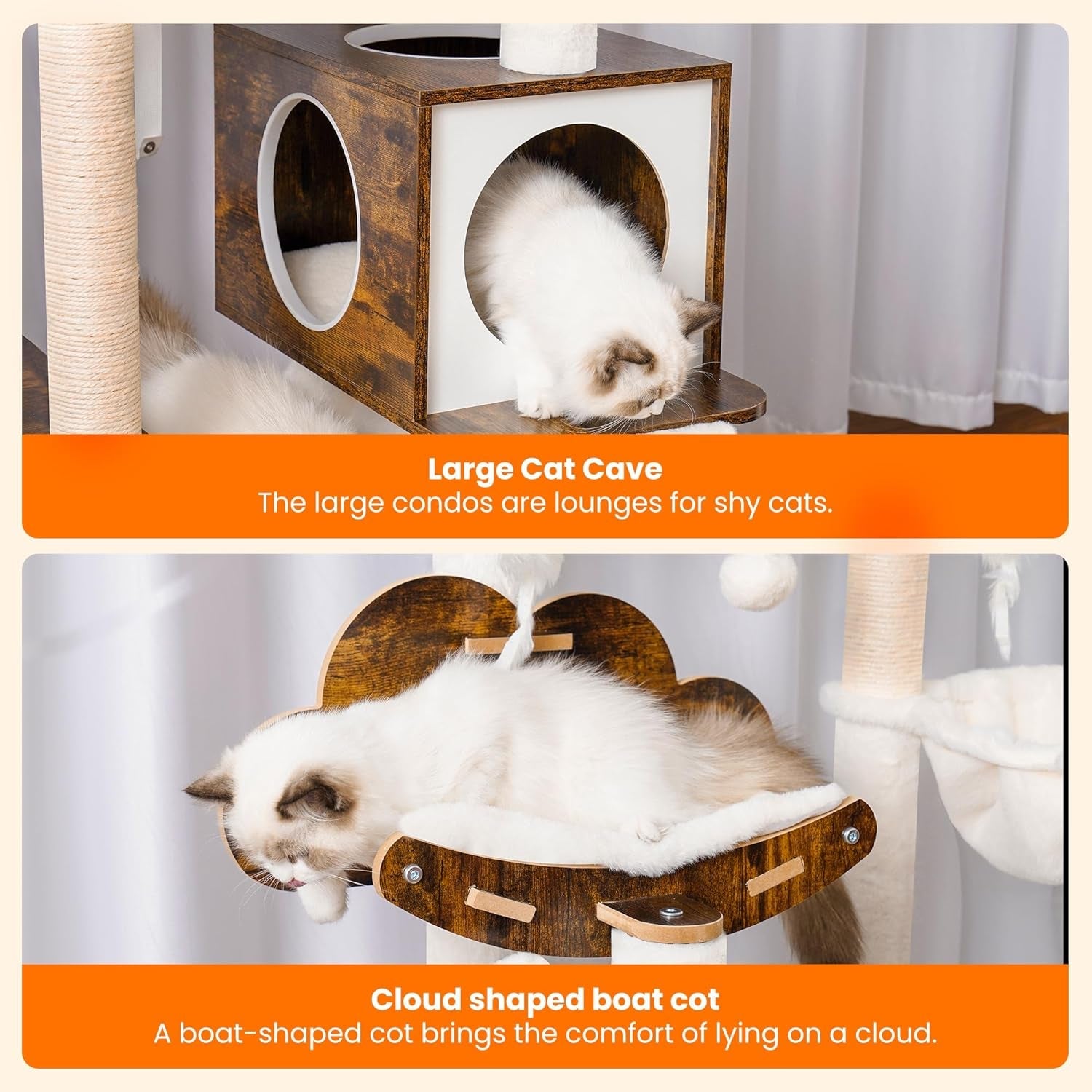 Hebly Wood Cat Tree for Indoor Cats, Cat Condo for Large Cats with Self Groomer,Modern Cat Scratching Tower with Basket,Hammock,Dangling Ball and Leaves,Rustic Brown HCT120SR